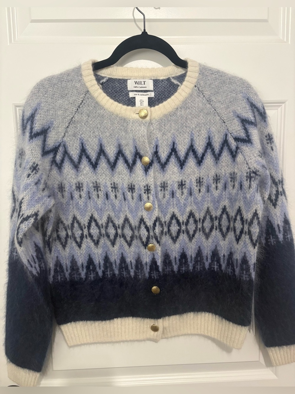 WILT 100% Cashmere Cream & Blue Fair Isle Cardigan Size Small